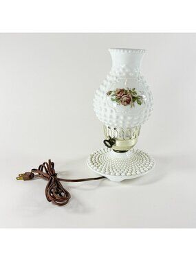 Vintage Table Lamp Hobnail Milk Glass Electric Table Lamp W/Floral Rose Design